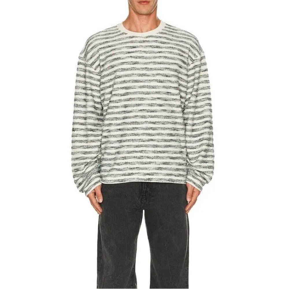 KROST Grey Cream Terry Stripe Long Sleeve Pullover Sweater L Streetwear Preppy